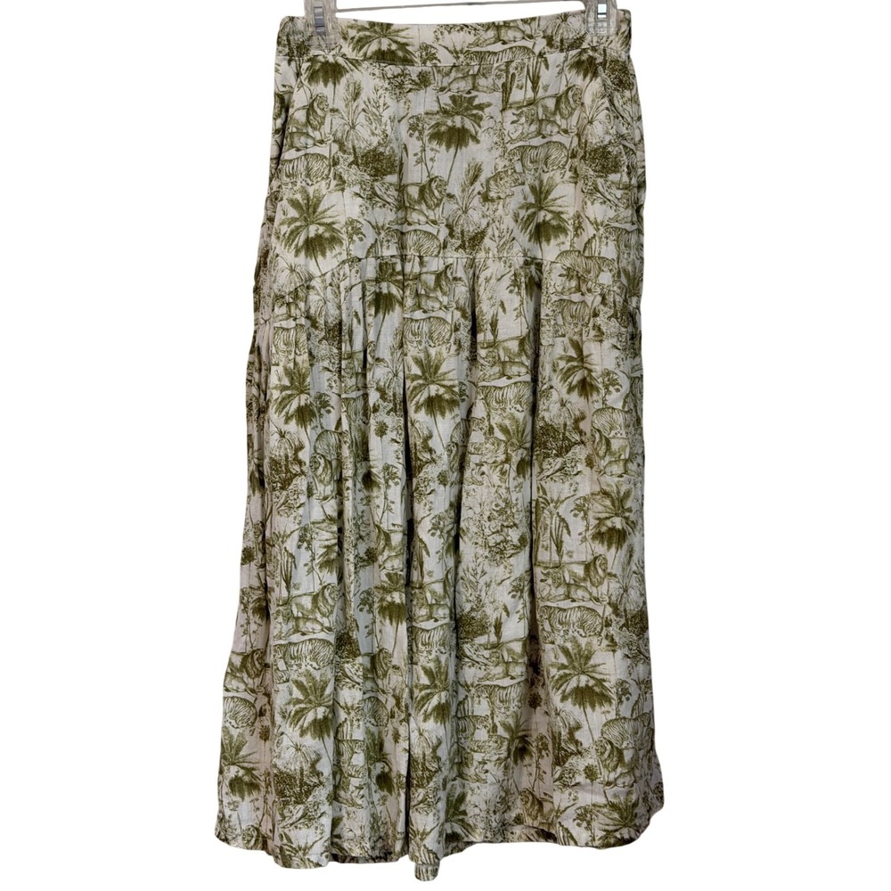 Rachel Zoe Toile Linen Midi Skirt Womens Size S Green Aninmal Safari Jungle Chic - Picture 2 of 11